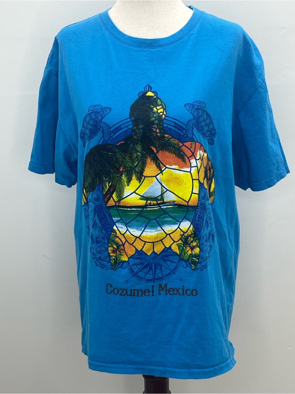 Euro Cotton Women’s  Cozumel Mexico Blue Tropical Sea Turtle Print T-Shirt Large
